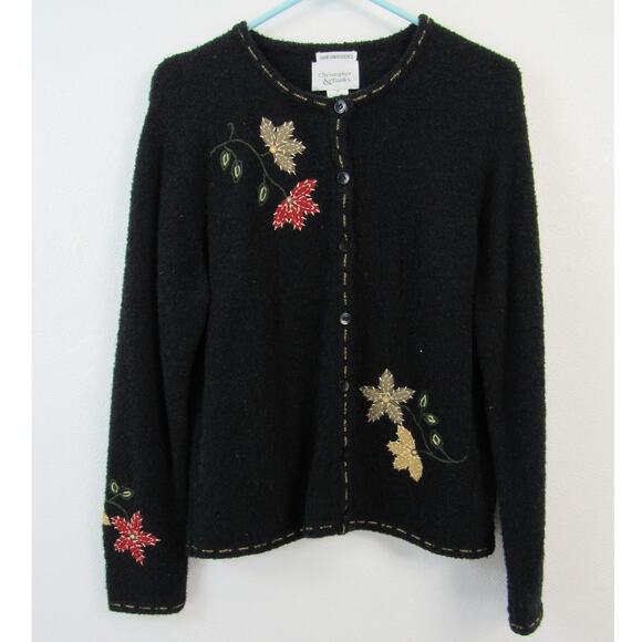 Christopher & Banks Medium Hand Embroidered Button Front Cardigan Sweater Leaves - Picture 1 of 5